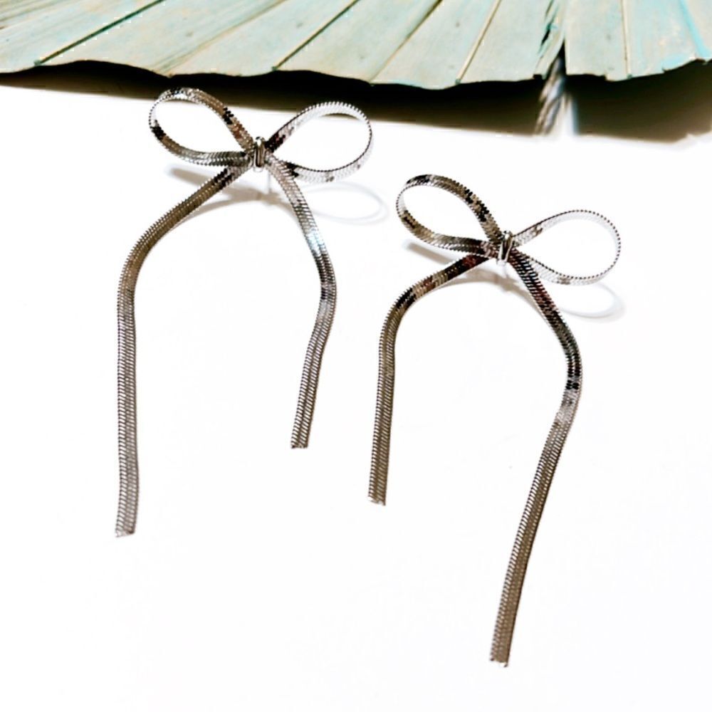 Silver bow drop earrings #69 - Picture 3 of 4